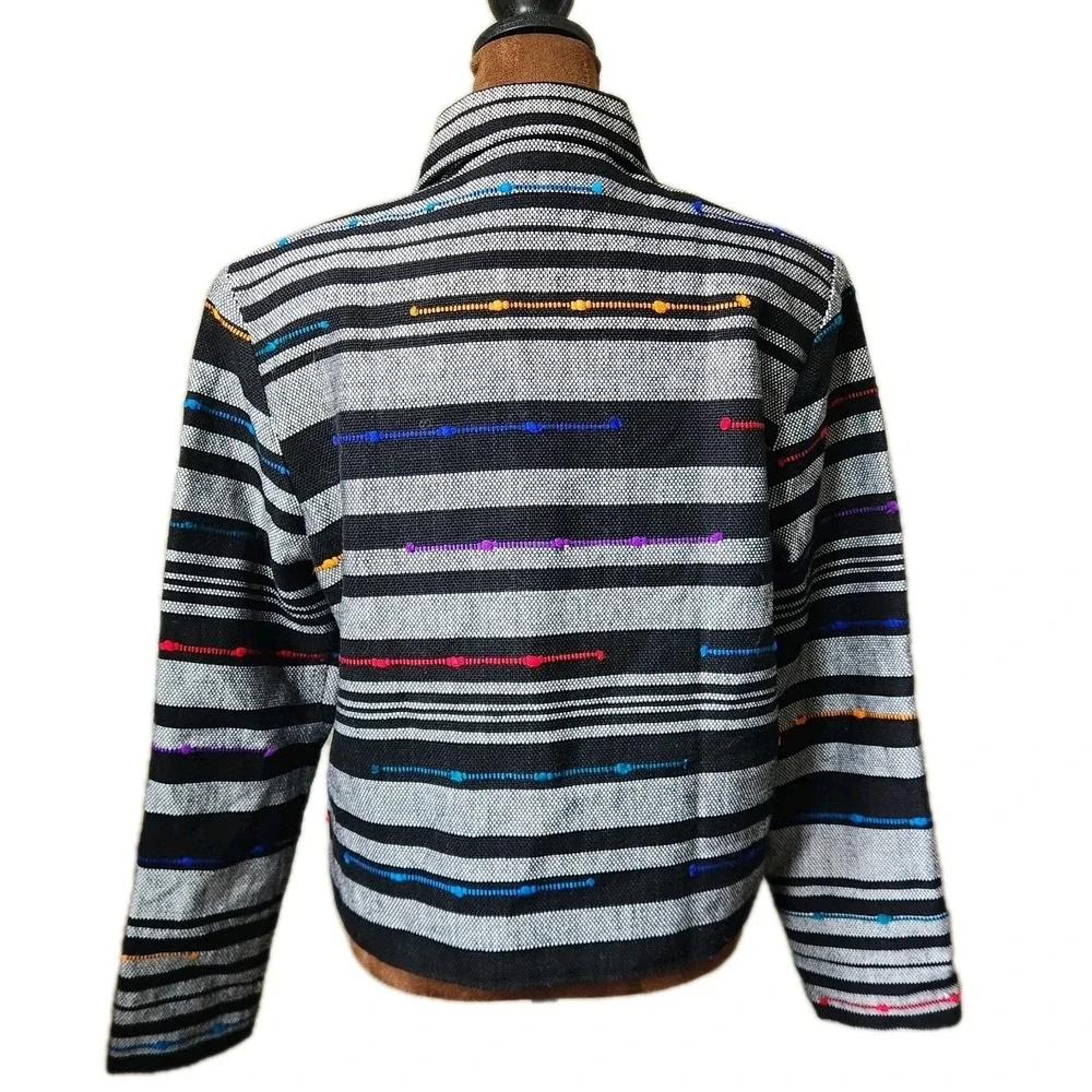Vintage Ana's Fashion Button Up Boxy Jacket Striped Multicolor Black White Women